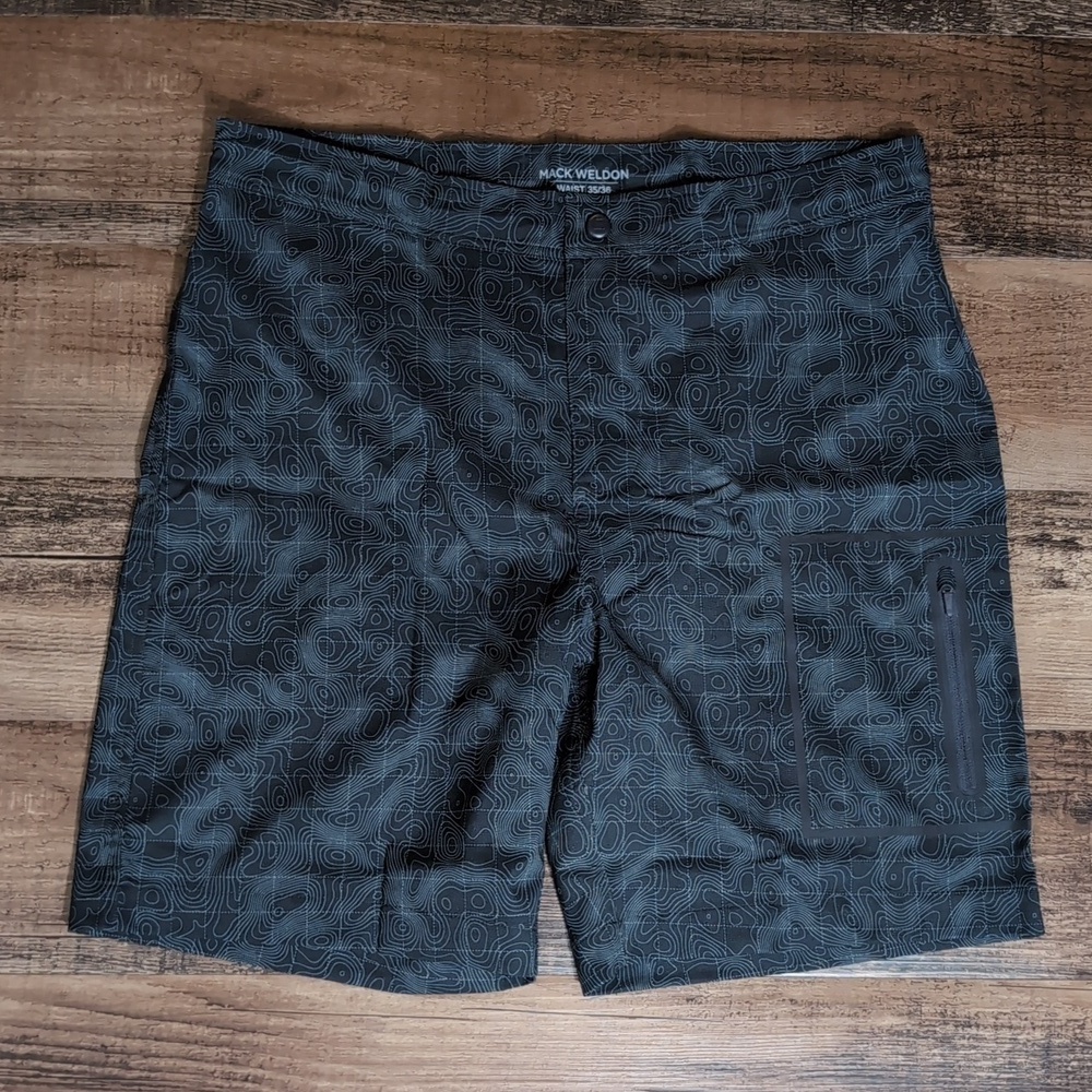 Mack Weldon Hybrid Board Swim Shorts Topographic Pattern In Black- Size 36x8"